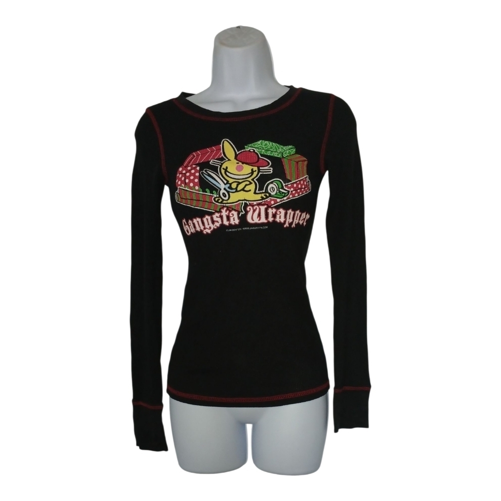 Happy Bunny Y2K Christmas Long Sleeve Shirt Black XS S